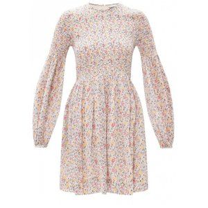 GANNI ‘Georgette’ Smocked Floral Print Mini Dress in Egret